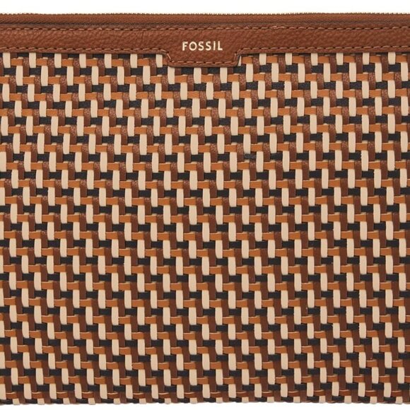 Wristlet Pouch Faux Leather Neutral Woven Small Zipper Wallet Accessory - Picture 3 of 4